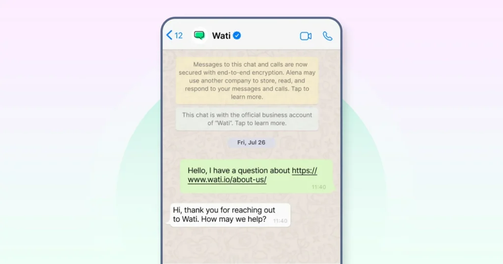 Screenshot of a WhatsApp business verified account of Wati
